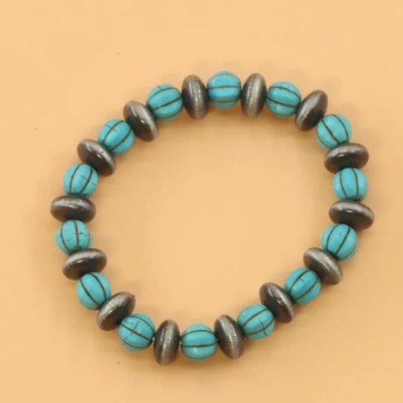Jewelry - Turquoise Beads and 10mm Navajo Pearl Stretchy Bracelet Bohemian Style Bracelet